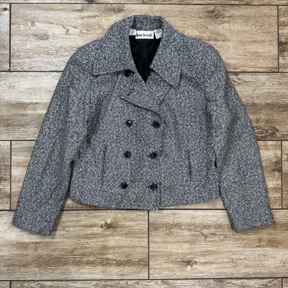 Anne Klein Wool Cropped Blazer Size 10 Black White Double Breasted Lined Jacket